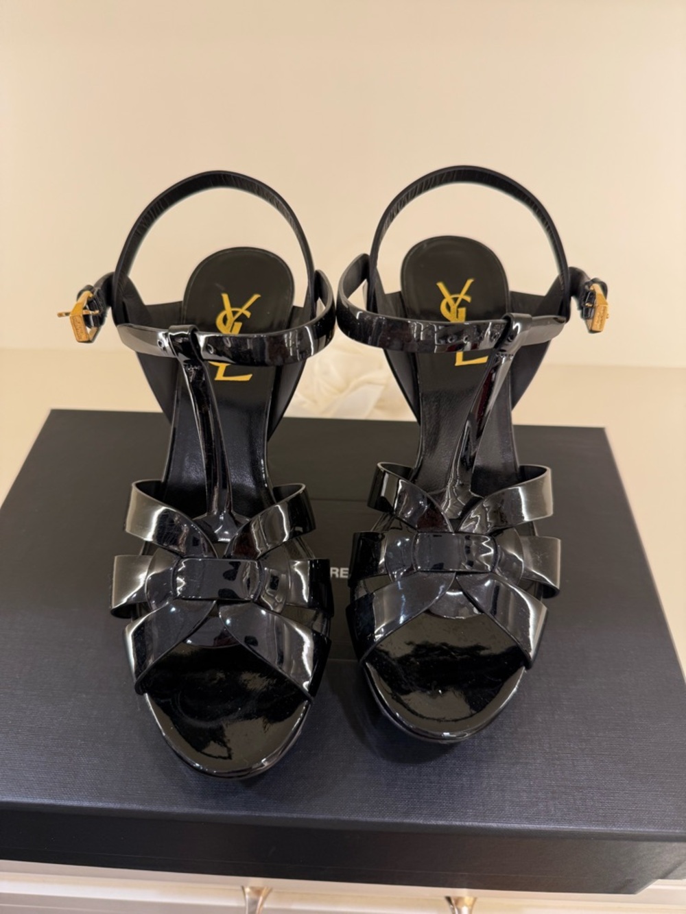 Saint Laurent Black Patent Leather Strappy Platform Heels - Picture 5 of 10